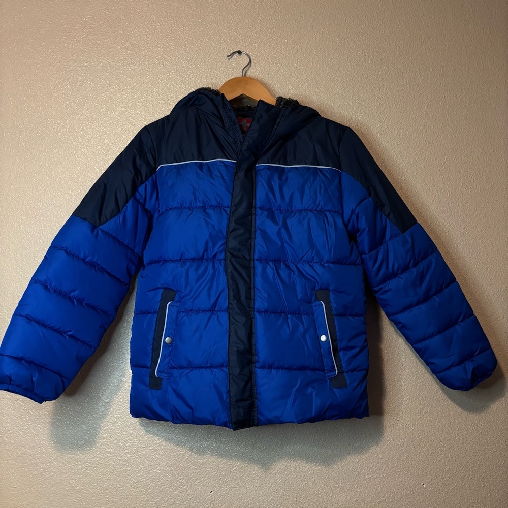 Swiss Tech Puffer Jacket Coat Hood Boys L 10/12 Blue Black Fleece Lined FauxFur